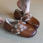 ~复古羊羔毛真皮勃肯鞋女防滑加绒毛毛鞋毛绒平底羊皮牛皮黑色