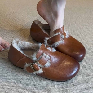 ~复古羊羔毛真皮勃肯鞋女防滑加绒毛毛鞋毛绒平底羊皮牛皮黑色