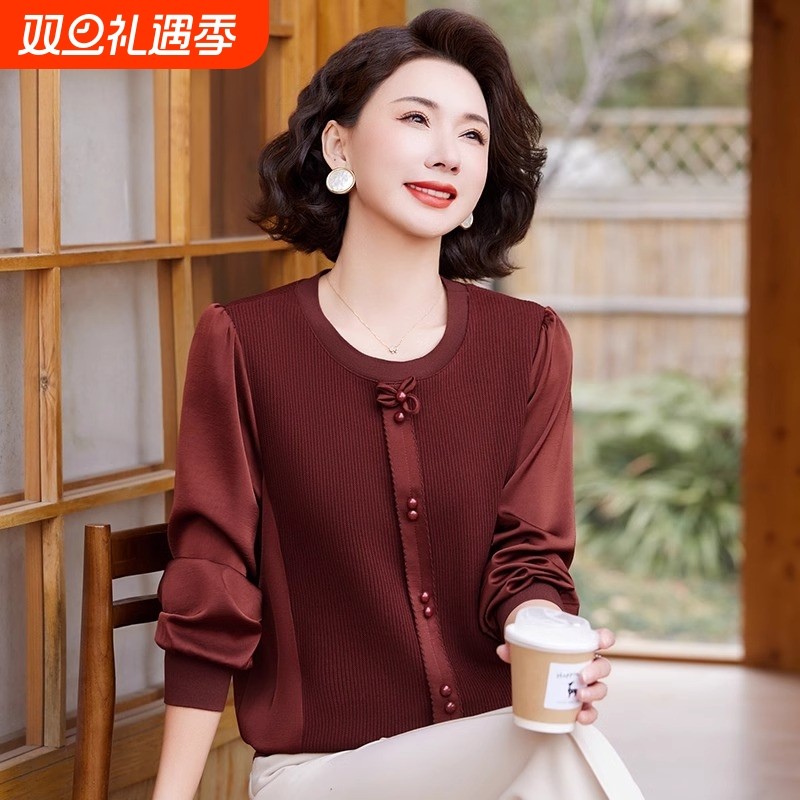 妈妈小衫春秋时尚洋气长袖T恤2025新款中老年女春装针织打底上衣