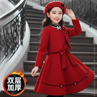 2026新女童秋冬套装 裙子中大童呢子礼服儿童连衣裙过年服红色裙子
