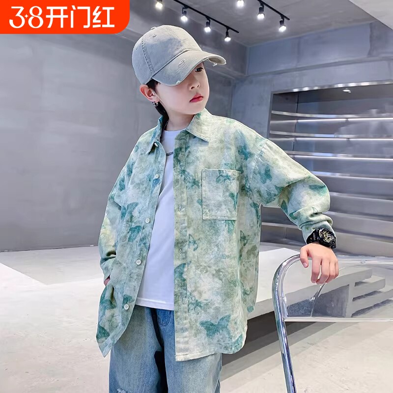 男童衬衫外套春秋款2026新款潮牌扎染衬衣中大童韩系痞帅炸街上衣