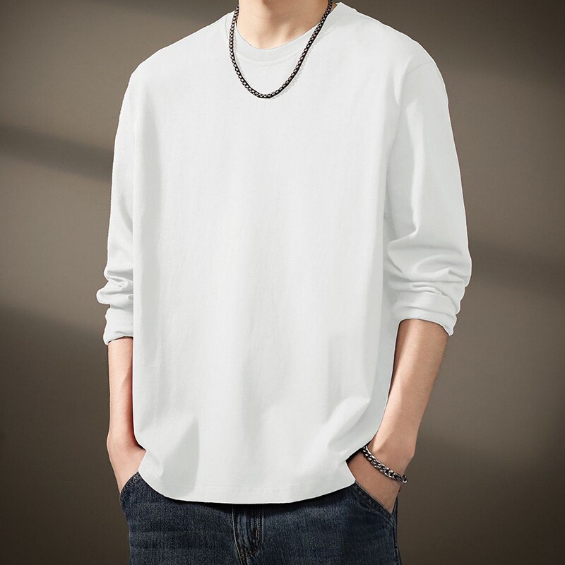 新款重磅纯棉长袖男t恤打底衫纯白色2026秋冬女宽松情侣上衣潮