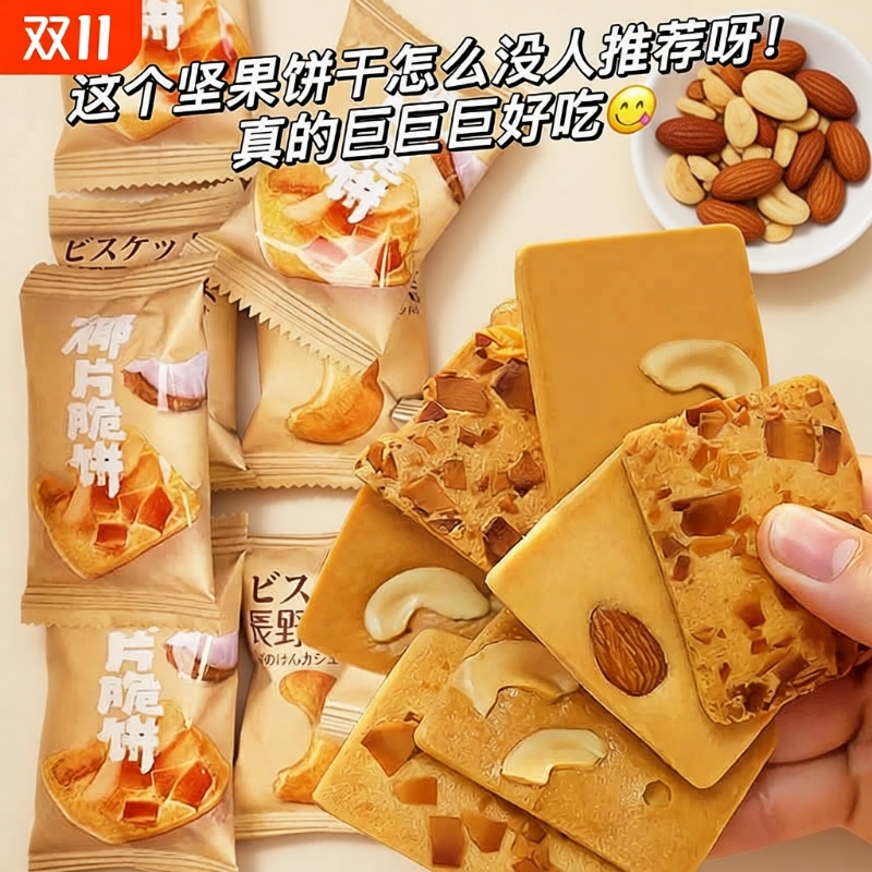 坚果芙脆腰果巴旦木椰子片薄酥饼干酪蛋糕儿童休闲小零食网红好吃