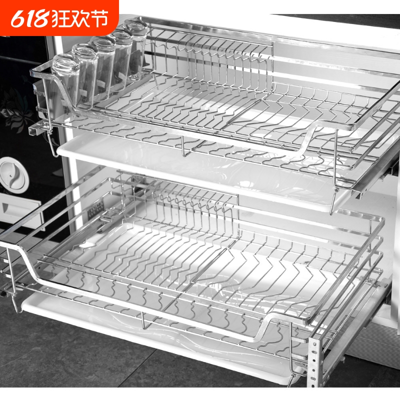拉篮厨房橱柜双层抽屉式碗架304不锈钢调味篮厨柜碗碟碗篮