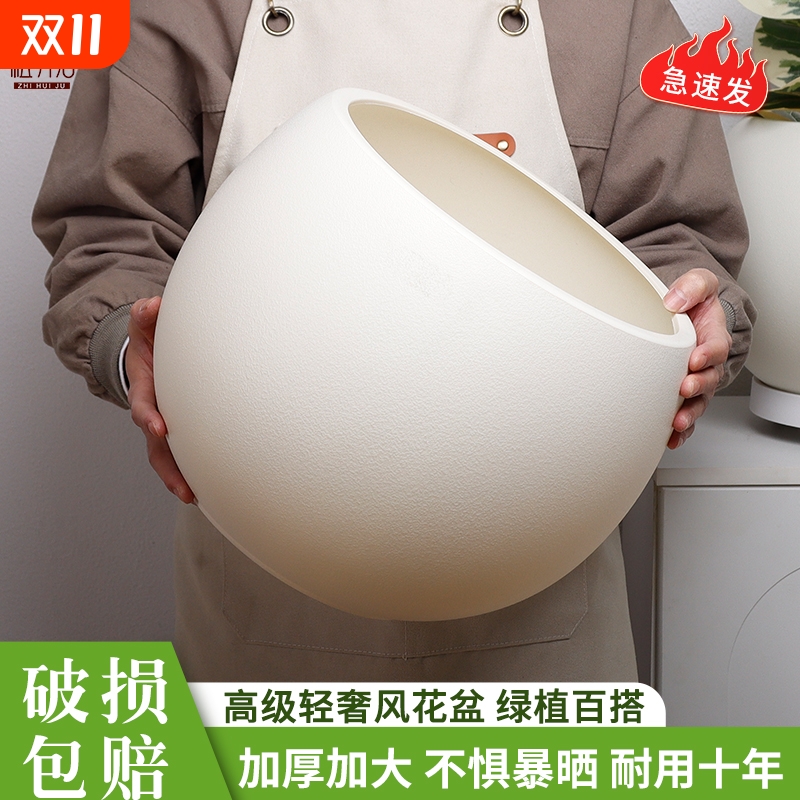轻奢高级感树脂花盆大号奶油风黑金刚橡皮树胖盆圆球形大花盆客厅