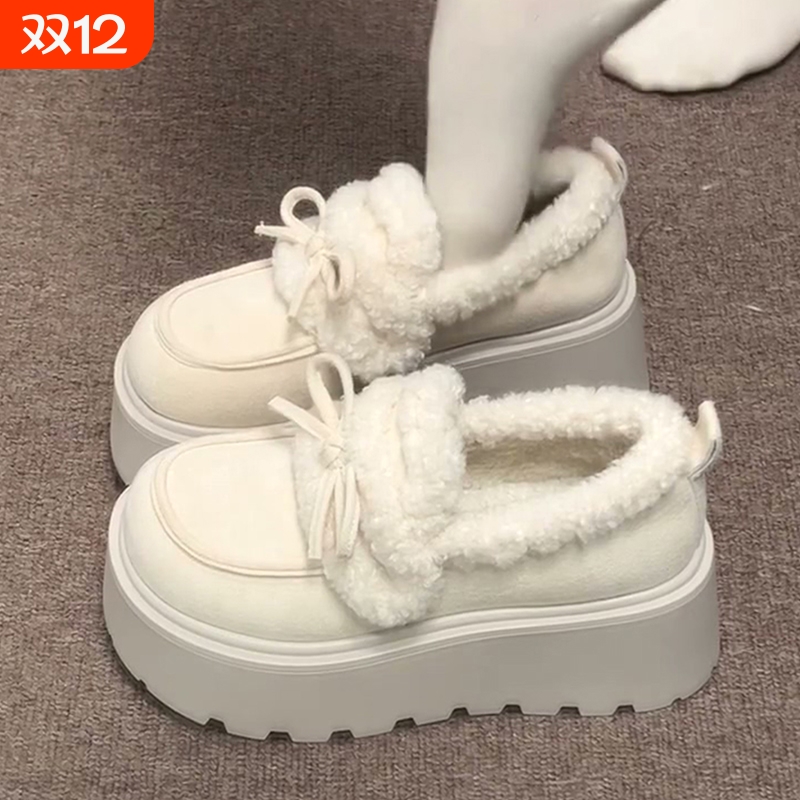 复古白色勃肯毛毛鞋女外穿2025新款冬季加绒保暖厚底一脚蹬棉鞋子