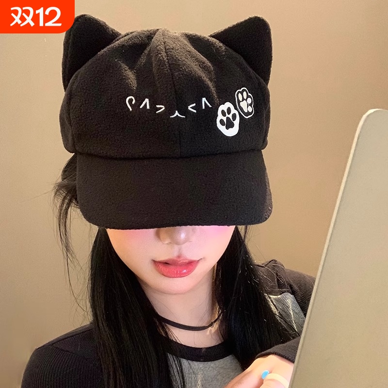 可爱猫耳朵棒球帽女日系二次元y2k鸭舌帽显脸小黑色亚文化帽子潮