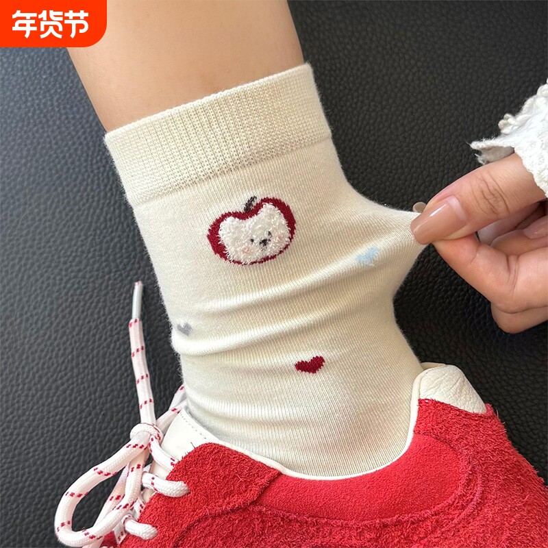 新款秋冬季袜子女中筒袜可爱立体女袜植绒美腿袜情侣款条纹卡通