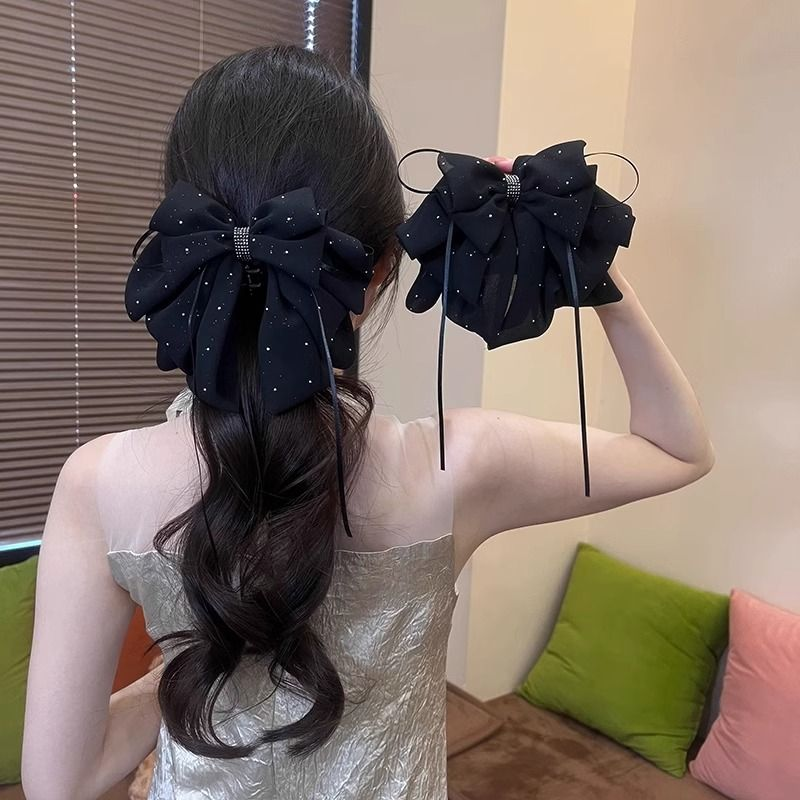 碎钻黑色蝴蝶结抓夹缎面网纱飘带气质时尚后脑勺盘发马尾高级感女