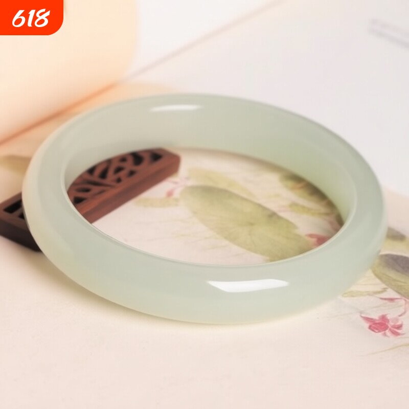 和田玉青白玉手镯宽手镯冰晴水少女款玉镯圆条平替仿新疆玉石镯