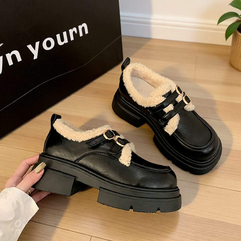 厚底乐福鞋女2025秋冬加绒单鞋子毛毛棉鞋黑色小皮鞋英伦粗跟毛绒
