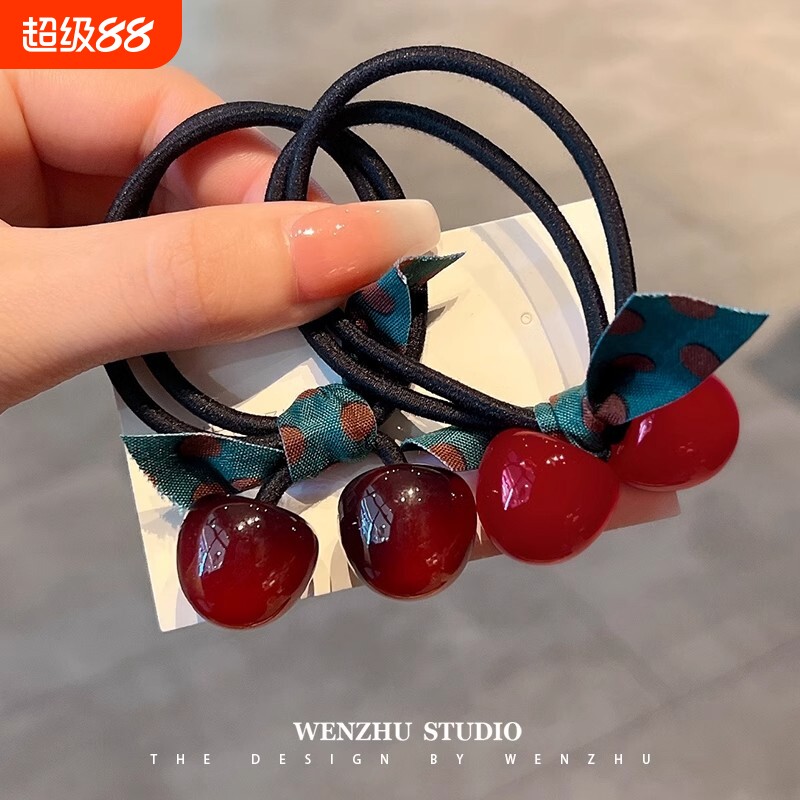红色樱桃高弹力耐用发圈头绳蝴蝶结头饰扎头发橡皮筋女丸子头发绳