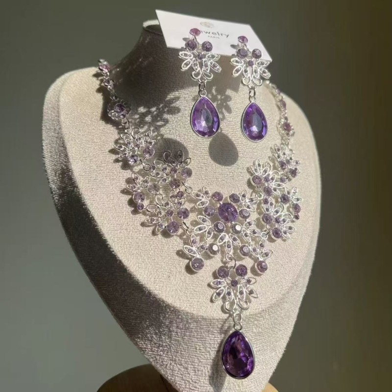 超闪紫色锆石花朵项链耳环套装女小众设计高级晚宴礼服配饰锁骨链