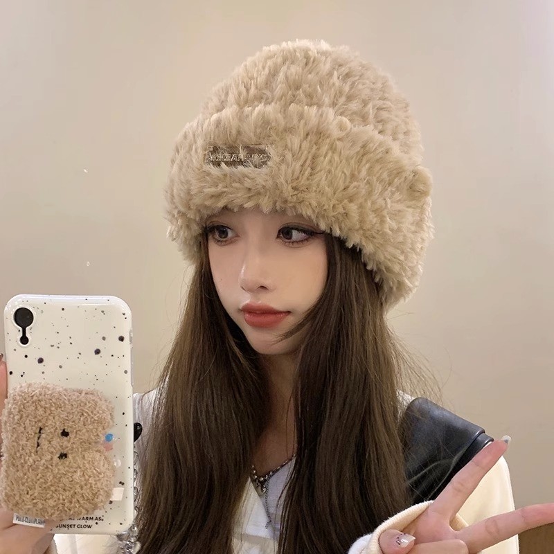 毛绒帽子女秋冬季针织帽毛线帽大头围显脸小冬天保暖护耳冷帽白色