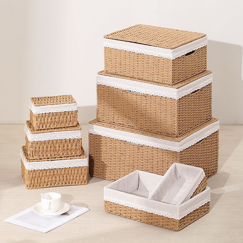 桌面收纳盒家用编织收纳筐仿藤编杂物玩具零食钥匙玄关整理篮分类