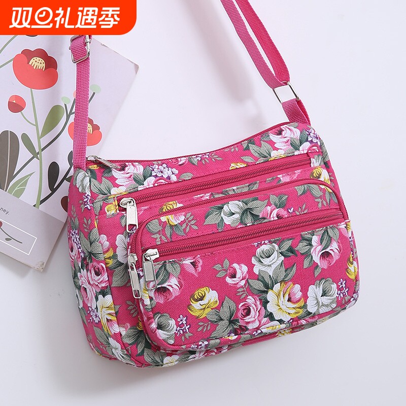 新款尼龙斜挎包帆布妈妈包中老年牛津布单肩包百搭时尚印花女包