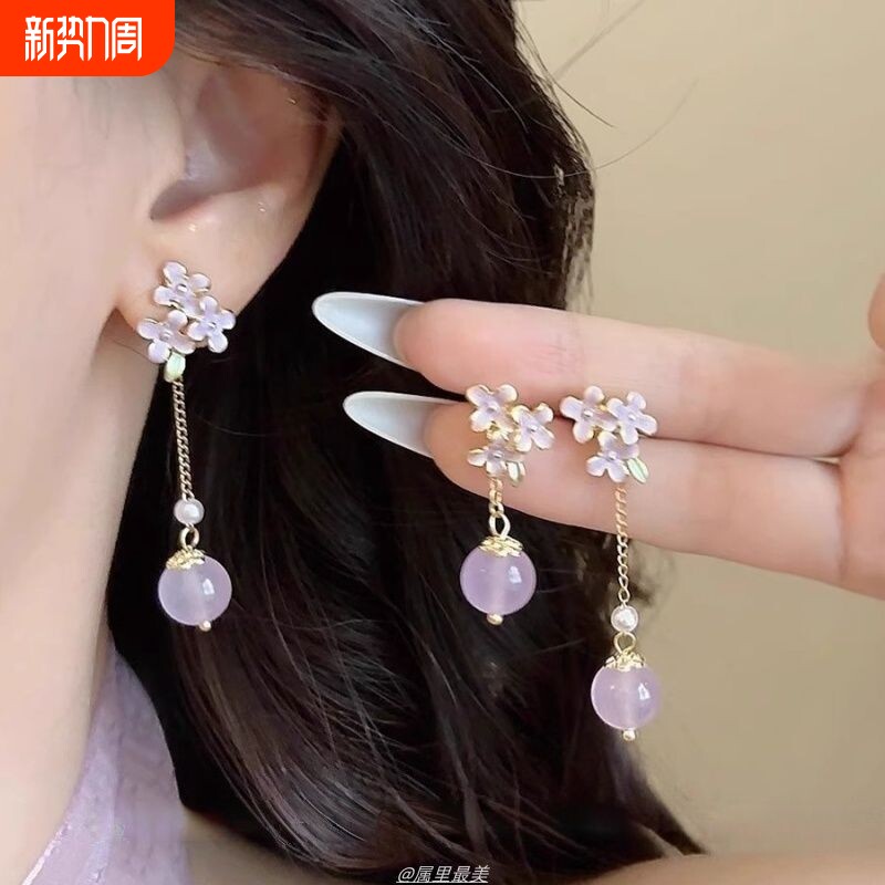新中式国风紫色琉璃花朵耳环女2025年气质百搭旗袍耳饰无耳洞耳夹
