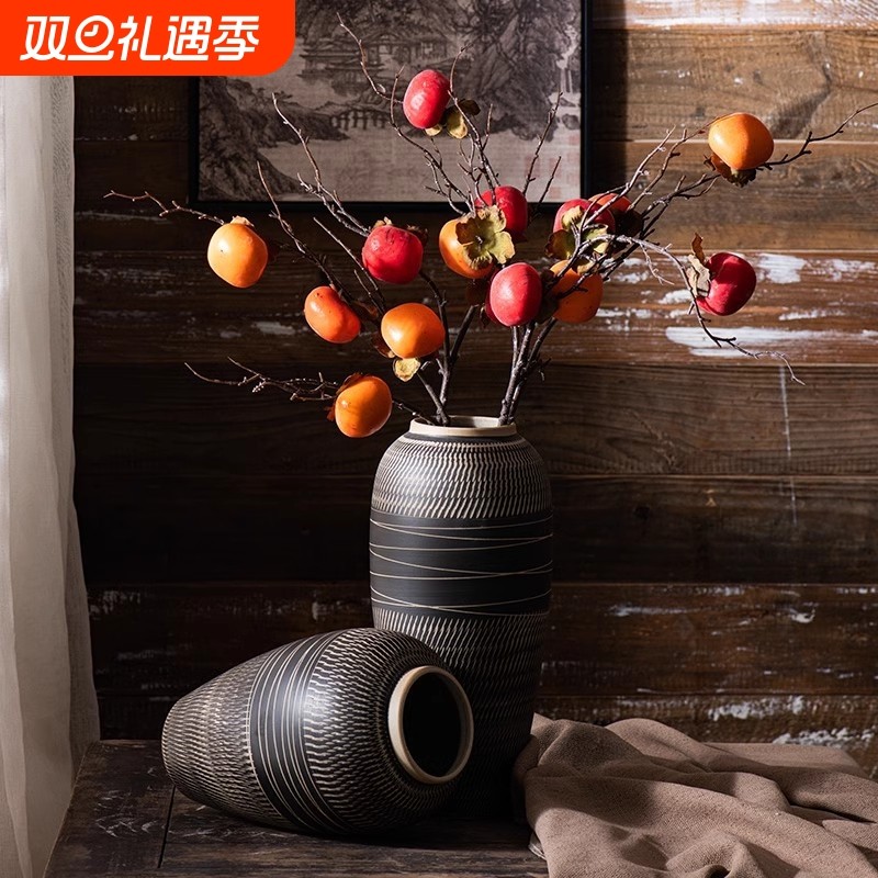 景德镇雕刻螺纹花瓶新中式手工艺品客厅酒店鞋柜摆件创意花器摆件