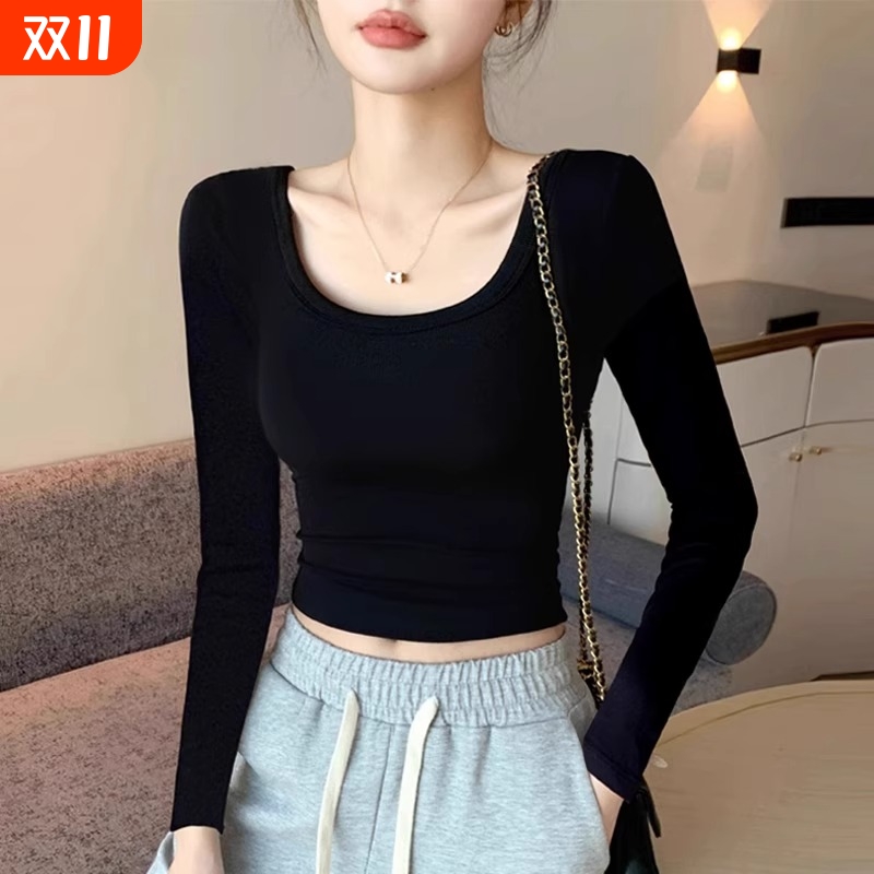 黑色纯棉高腰短上衣早春新款打底