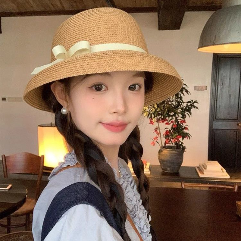 『版』赫本风草帽子女2025新款夏季防晒遮阳渔夫帽盆帽礼帽卷边