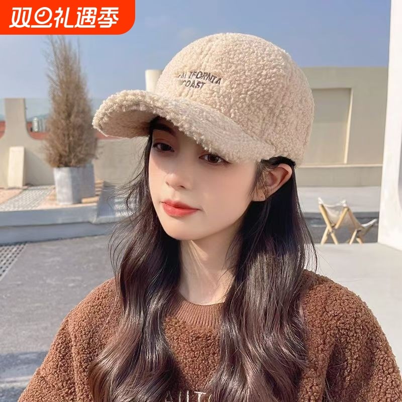 新款羊羔毛帽子女士秋冬季时尚百搭毛绒鸭舌帽加厚保暖棉帽棒球帽