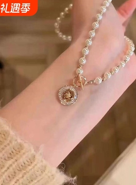 星语纽扣!复古轻奢镶钻圆形吊坠串珠项链秋冬贵气时尚精致锁骨链