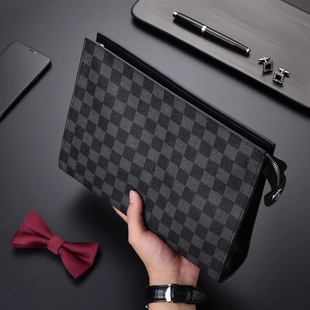 手包男士手拿包棋盘格子时尚潮男手抓包夹包大容量商务休闲手拎包