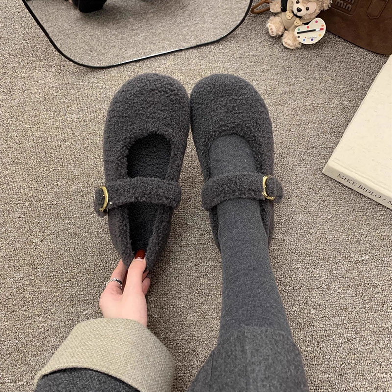 灰色玛丽珍毛毛鞋女冬外穿新款韩版呢子单鞋女平底加绒保暖棉鞋子