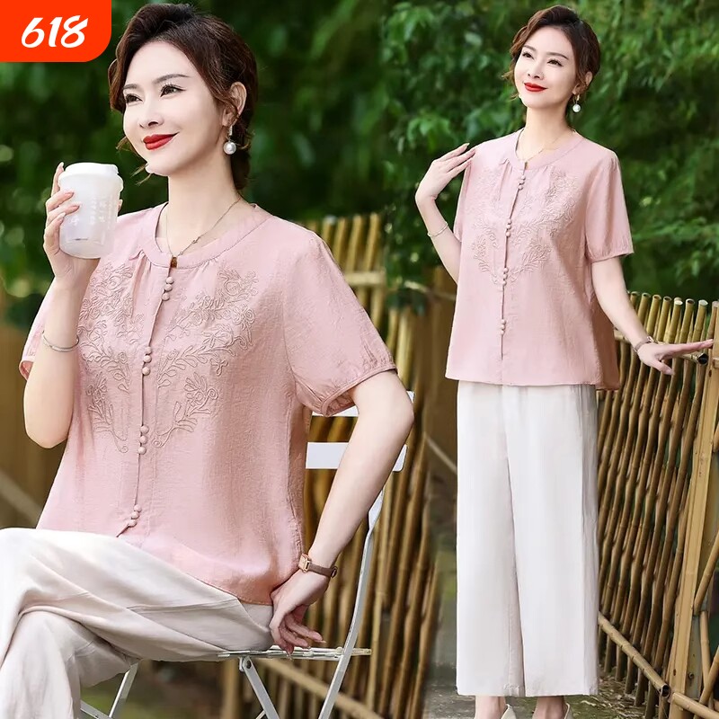 妈妈夏季薄款洋气小衫国风短袖T上衣女夏装时尚中老年上衣服衬衫