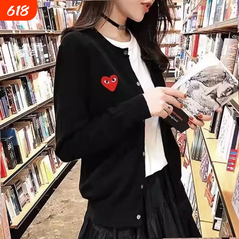 春秋爱心开衫女刺绣针织外搭羊毛衫情侣亲子大码毛衣外套红色黑色
