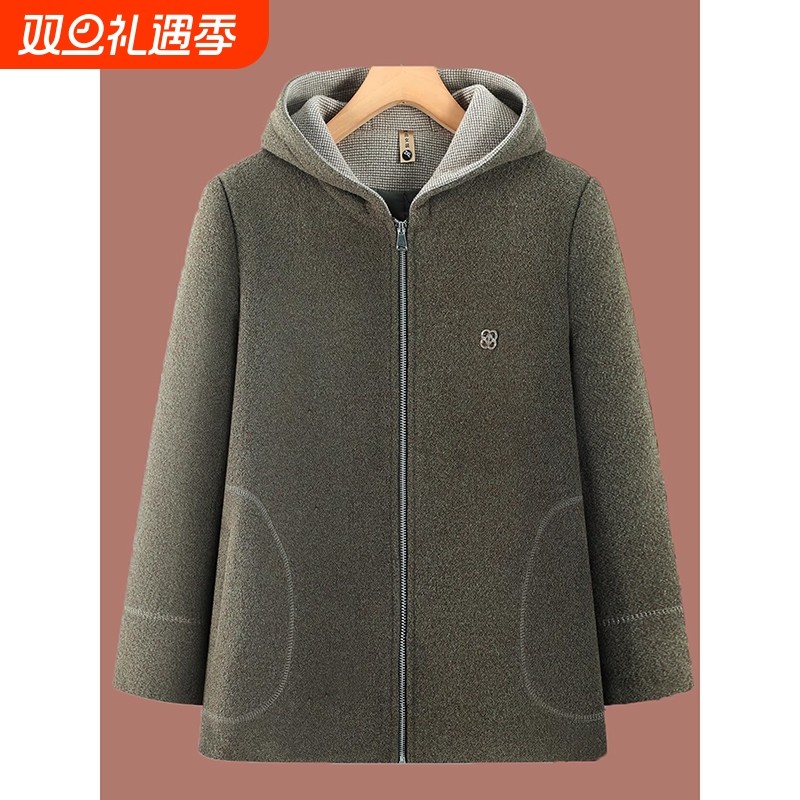 妈妈秋冬装外套中老年女装休闲气质加厚显瘦奶奶毛呢上衣加绒红色