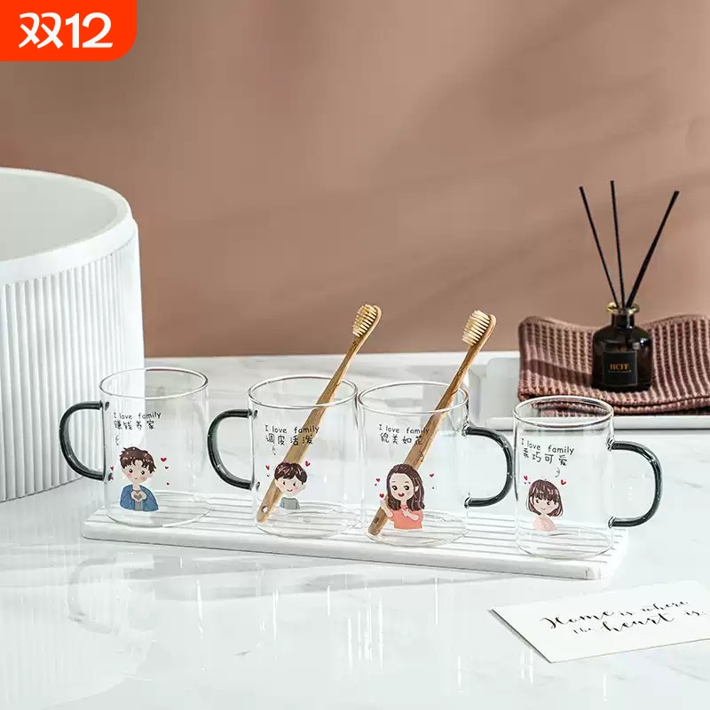 刷牙杯子家用一家三口漱口杯家庭套装四口洗漱杯情侣玻璃儿童牙缸