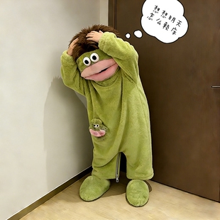 儿童连帽连体丑萌睡衣冬季珊瑚绒加厚卡通搞怪可外穿亲子装家居服