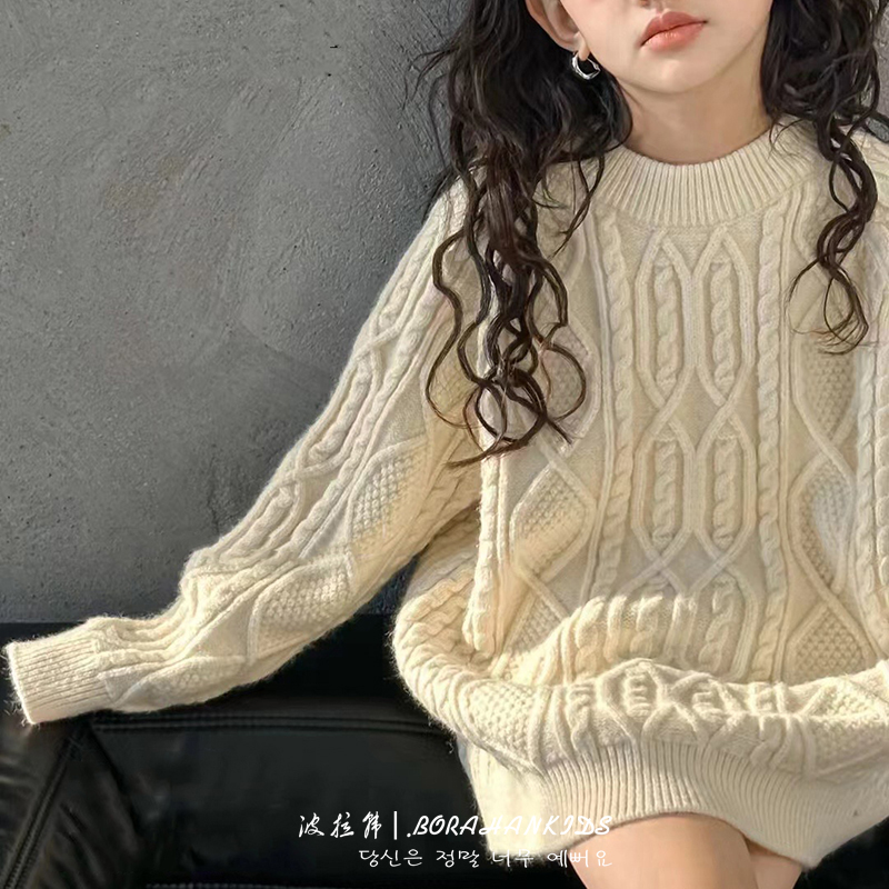 白色女童毛衣加厚保暖针织衫2025秋冬中大童宽松打底衫潮半高领