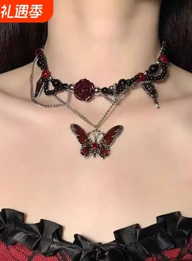暗黑系猩红蝴蝶choker2025复古新款哥特朋克风辣妹项链高级感颈链
