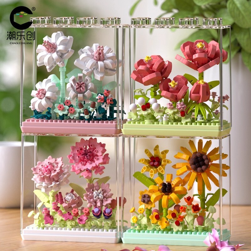 永生花积木玫瑰花束植物拼装玩具盆栽摆件送男女友情人节生日礼物