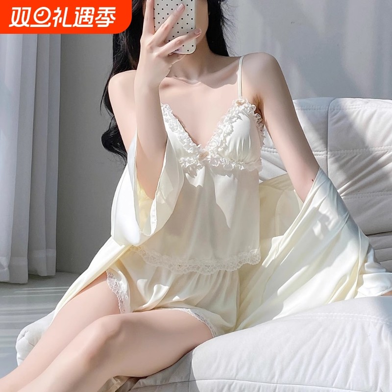 睡衣女款2025新款夏带胸垫吊带性感冰丝纯欲风家居服两件套可外穿