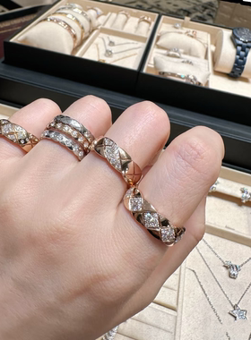 全新高定品质CNC版coco菱格宽版戒指叠戴18k小香风玫瑰金白金带钻