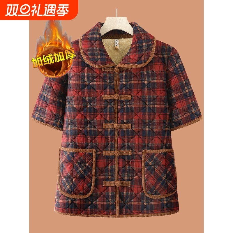 中老年妈妈秋冬装半袖棉服马甲奶奶加绒加厚坎肩马夹中袖棉袄外套