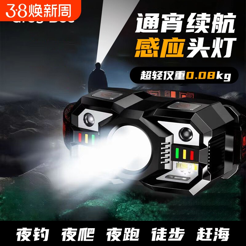 强光感应头灯钓鱼专用超长续航充电头戴式户外登山夜爬灯野外夜钓