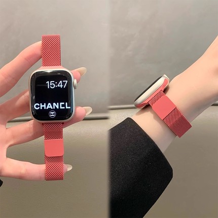 苹果适用于iWatch10手表金属米兰尼斯磁吸表带S9玫红细款applewatch8新款简约表带7代高级感可爱se夏天透气女