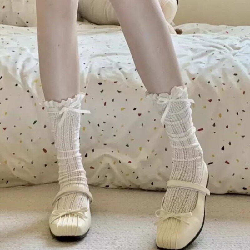 小腿袜miu袜子女夏季蕾丝边堆堆袜配玛丽珍丝袜黑色中筒薄款白色