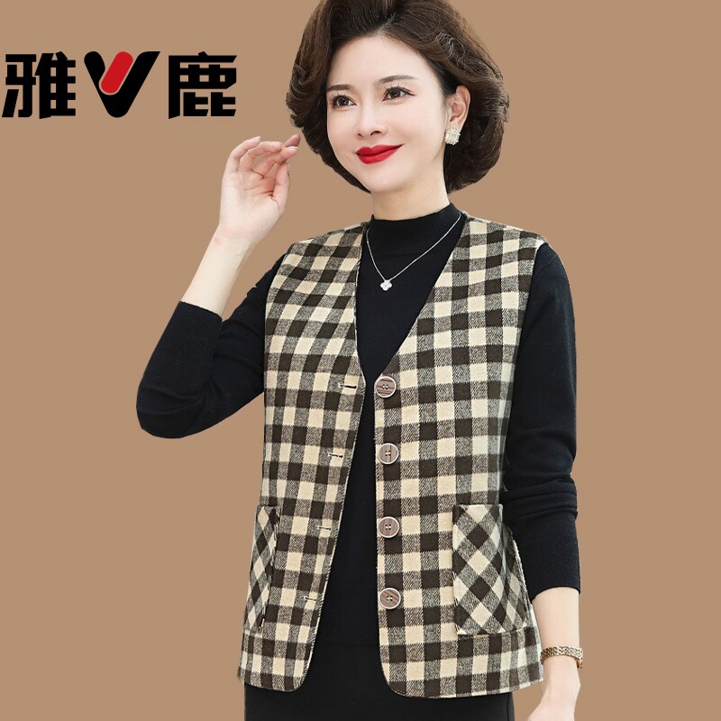 雅鹿妈妈装春秋新款格子马甲女士中年奶奶马夹中老年人背心外套