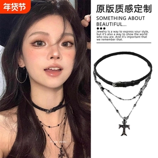 万圣节哥特风复古十字架项链女款长款双层叠戴配饰choker颈链项圈