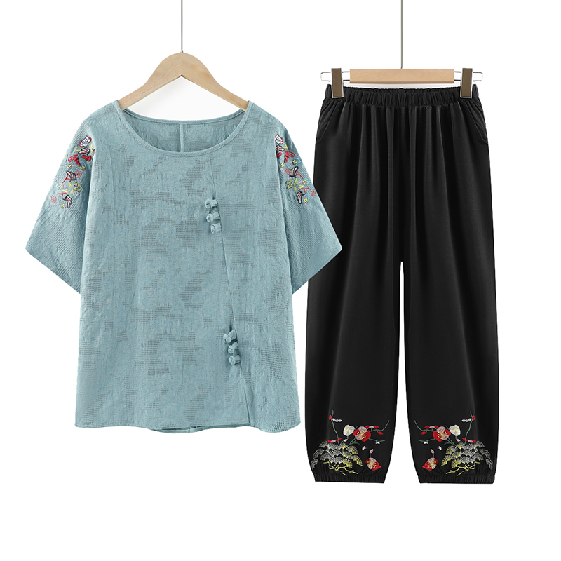 中老年人夏装套装女奶奶短袖妈妈夏季纯棉T恤老人老太太棉麻衣服