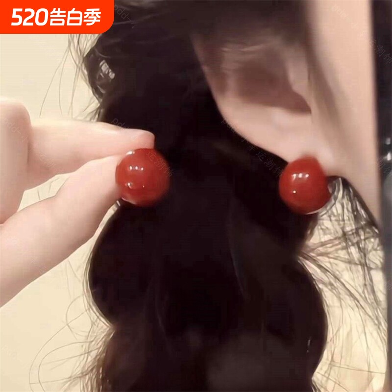 满满的复古感~新中式安哥拉红色耳夹无耳洞小众设计感港风耳饰女
