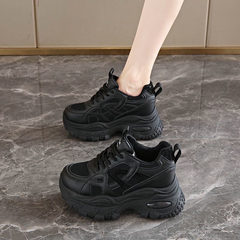 松糕厚底老爹鞋女小个子增高2026超火新款春季百搭黑色运动休闲鞋