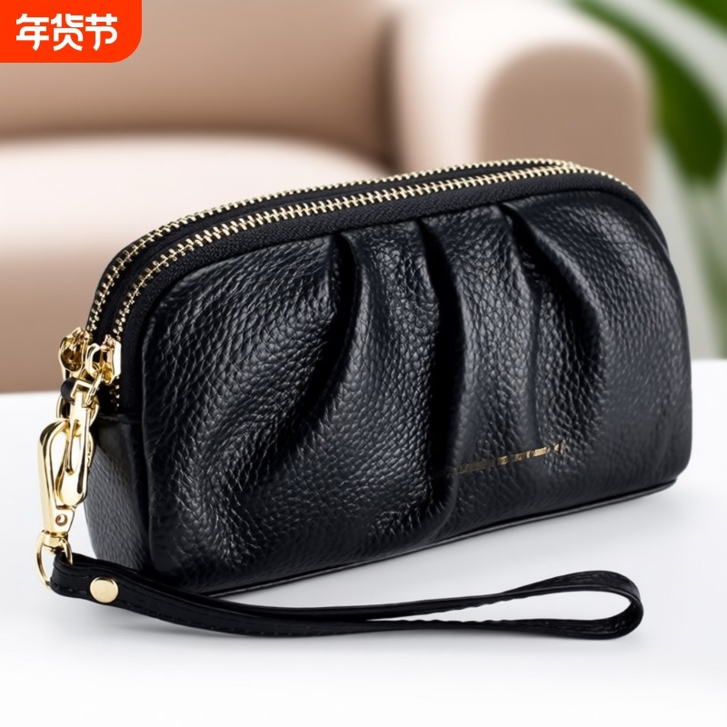 真皮质感气质褶皱款手拿包双层拉链大容量零钱包放手机手拎包长款