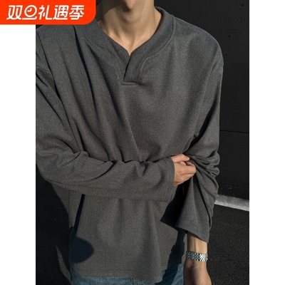 深灰色长袖t恤男秋冬季美式重磅V领卫衣cleanfit无帽内搭打底衫潮