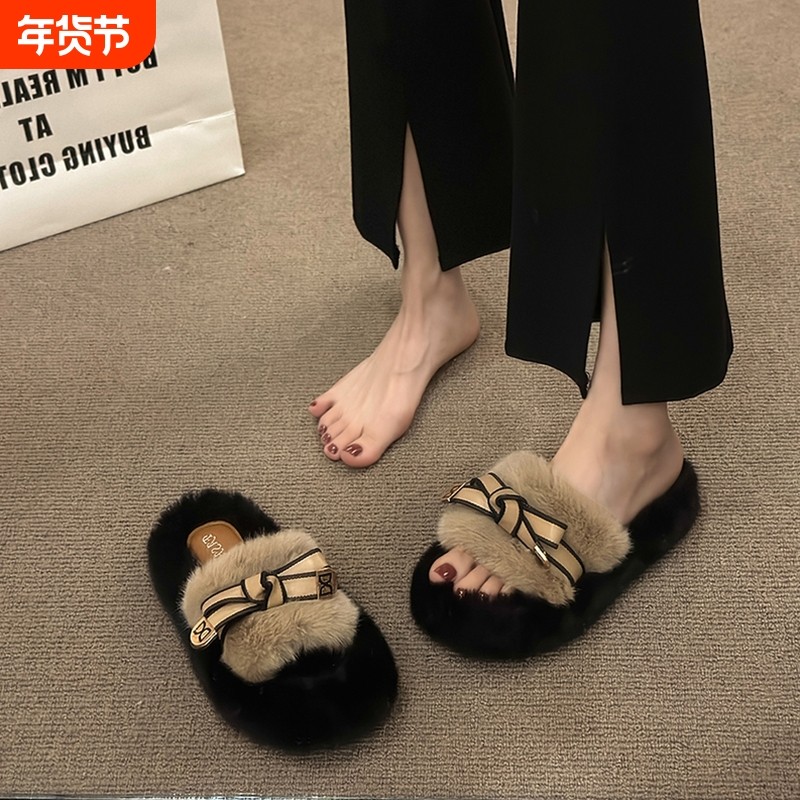 毛毛拖鞋女外穿2025新款秋冬季兔毛毛鞋系带鞋厚底棉拖鞋毛绒黑色